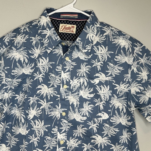 Jachs Blue White Tropical Palm Print Stretch Short Sleeve Button Up Shirt NEW M - Picture 3 of 14